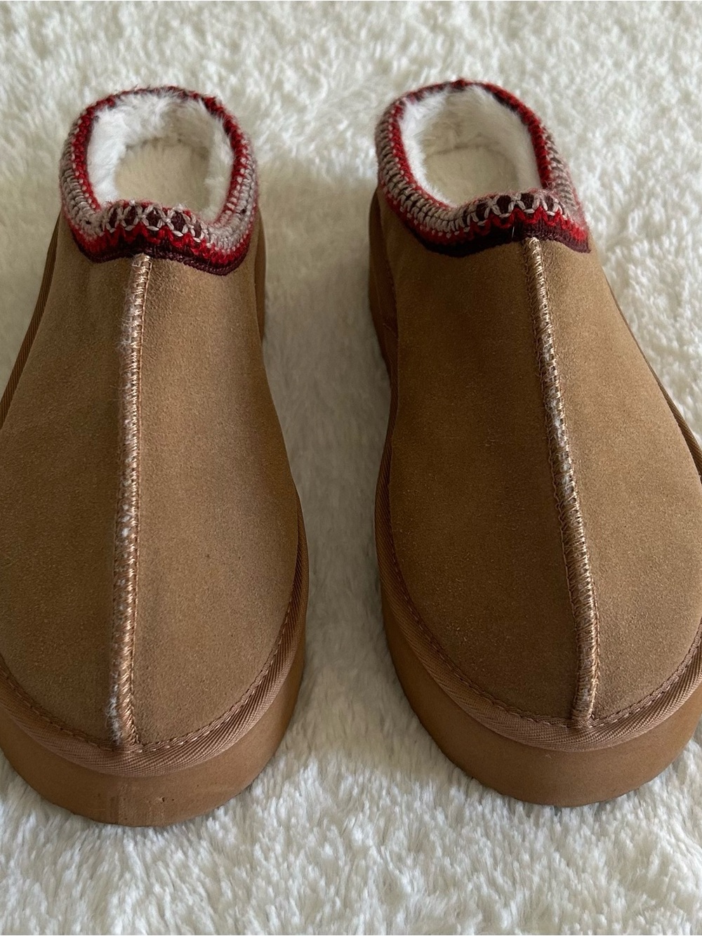 Serra Womens Tan Platform Slipper Red Braided Trim Sherpa Lined size 9